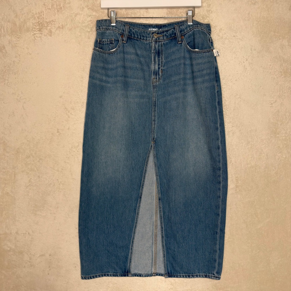Old Navy Drapey Denim Maxi Skirt Mid-Rise Front Slit Medium Wash Blue Size 8 NWT